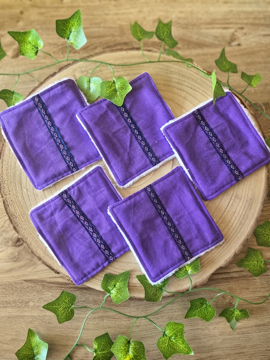 Lot de 5 lingettes lavables violettes galon
