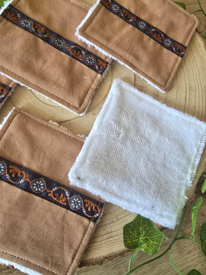 Lot de 5 lingettes lavables marrons galon
