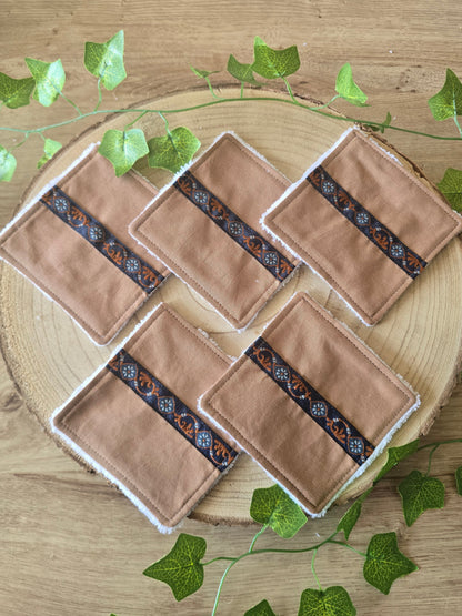 Lot de 5 lingettes lavables marrons galon