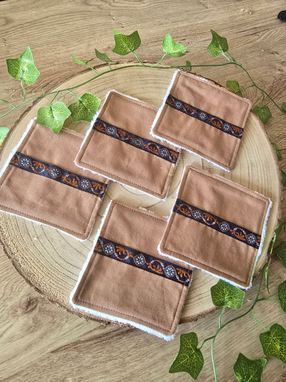 Lot de 5 lingettes lavables marrons galon